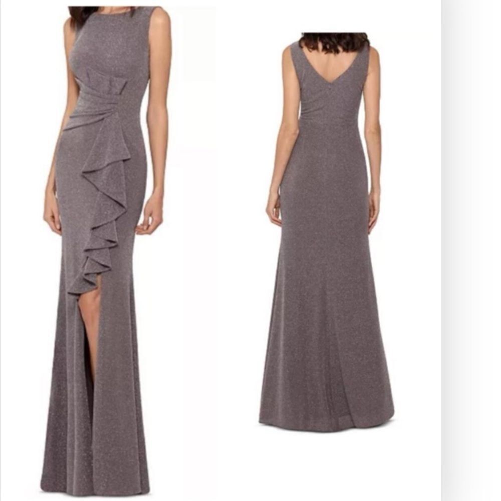 Betsy & Adam A23550 Cascade-Front Glitter Gown Sleeveless Taupe/Silver $269